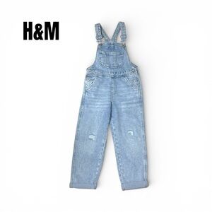 081 H&M 5 Year Old Unisex Light Blue Distressed Denim Overalls